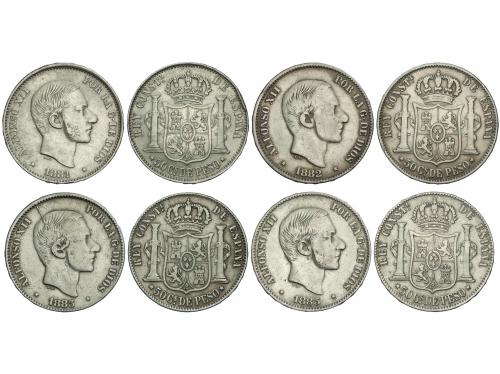 ALFONSO XII. Lote 4 monedas 50 Centavos de Peso. 1881, 1882,