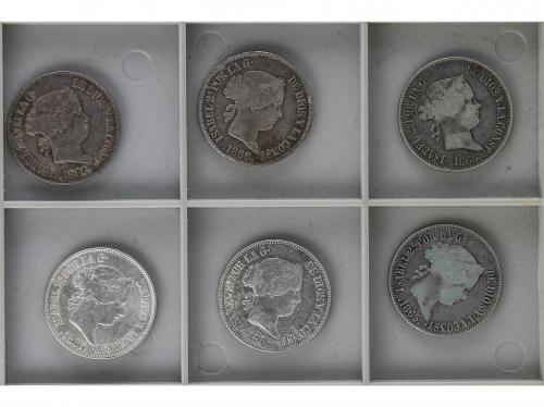 ISABEL II. Lote 6 monedas 1 Escudos (4), 50 Centavos de Peso