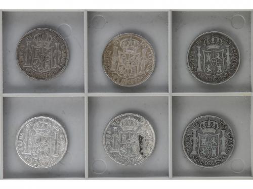 ISABEL II. Lote 6 monedas 1 Escudos (4), 50 Centavos de Peso
