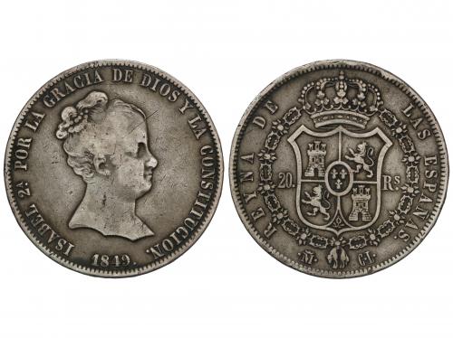 ISABEL II. 20 Reales. 1849. MADRID. C.L. 25,73 grs. Pátina. 