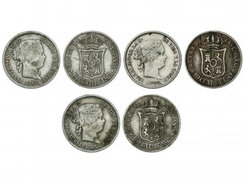 ISABEL II. Lote 3 monedas 10 Céntimos de Escudo. 1865 (2), 1