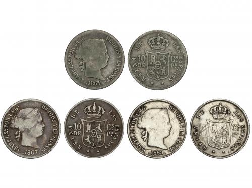 ISABEL II. Lote 3 monedas 10 Centavos de Peso. 1865, 67, 68.