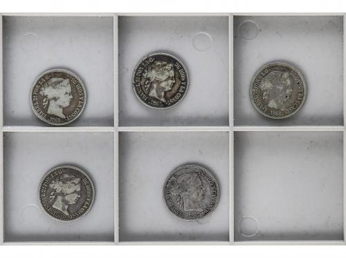 ISABEL II. Lote 5 monedas 20 Centavos de Peso. 1864, 65, 66,