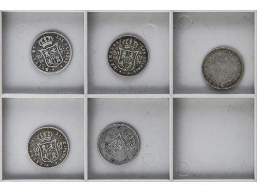 ISABEL II. Lote 5 monedas 20 Centavos de Peso. 1864, 65, 66,