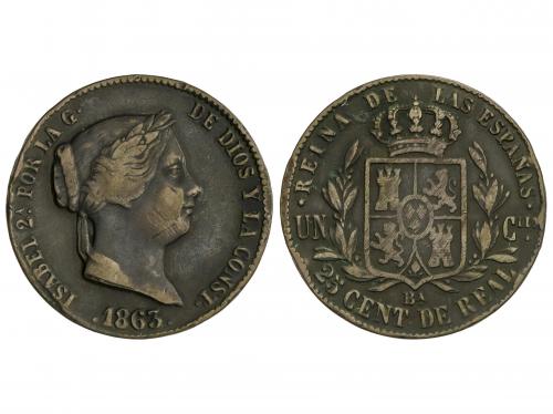 ISABEL II. 25 Céntimos de Real. 1863. BARCELONA. (Golpecitos