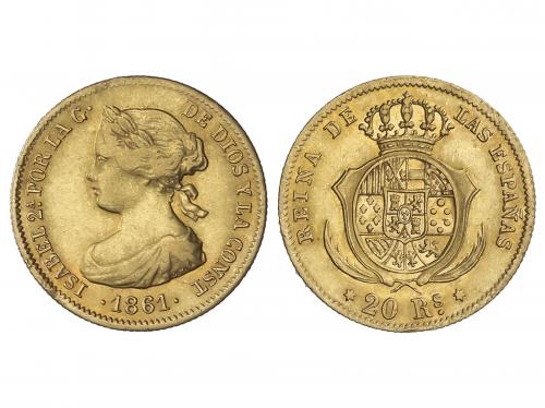 ISABEL II. 20 Reales. 1861. MADRID. 1,64 grs. AU. (Leves ray