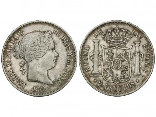 ISABEL II. 2 Escudos. 1867. MADRID. 25,72 grs. AC-647. MBC+.