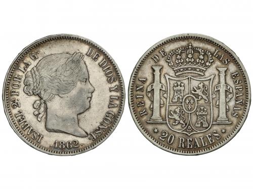 ISABEL II. 20 Reales. 1862. MADRID. 25,61 grs. Pátina. (Rayi