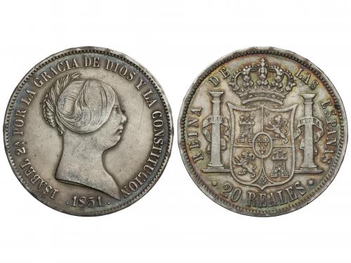 ISABEL II. 20 Reales. 1851. SEVILLA. 25,62 grs. Pátina irisa