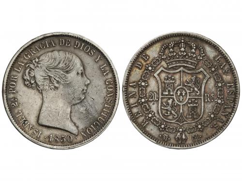 ISABEL II. 20 Reales. 1850. MADRID. C.L. 25,77 grs. Patina e