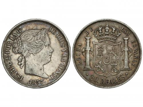 ISABEL II. 20 Reales. 1857. MADRID. 25,77 grs. Pátina. (Rayi