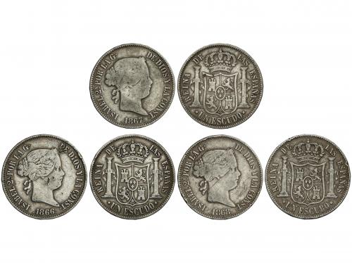 ISABEL II. Lote 3 monedas 1 Escudo. 1866, 1867 y 1868. MADRI