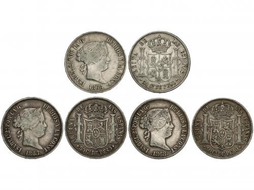 ISABEL II. Lote 3 monedas 50 Centavos de Peso. 1868. MANILA.