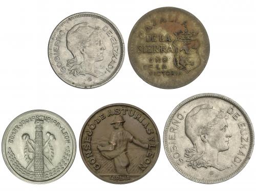 EMISIONES LOCALES GUERRA CIVIL. Lote 5 monedas. 1937. AE, La