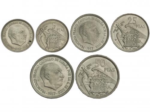 ESTADO ESPAÑOL. Serie 3 monedas 5, 25 y 50 Pesetas. 1957. (*