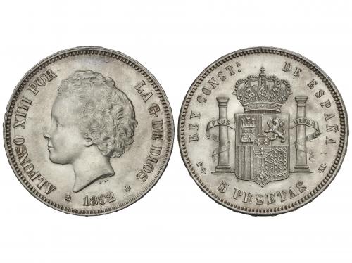 ALFONSO XIII. 5 Pesetas. 1892 (*18-92). P.G.-M. Tipo Bucles.