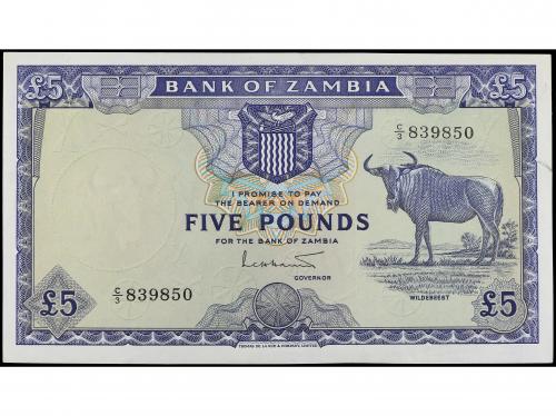 BILLETES EXTRANJEROS. 5 Pounds. (1964). ZAMBIA. Wildebeest. 
