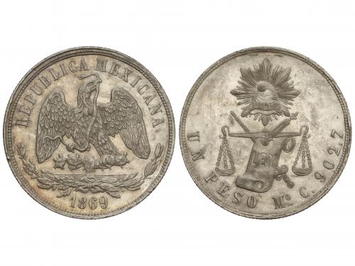 MÉXICO. 1 Peso. 1869-Mo C. 27 grs. AR. Tipo Balanzas. Ligera