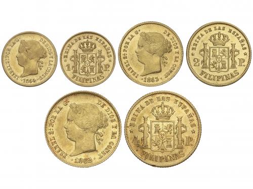 ISABEL II. Lote 3 monedas 1, 2 y 4 Pesos. 1862, 1863 y 1864.