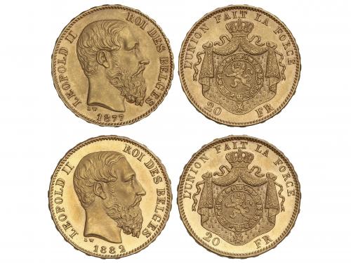 BÉLGICA. Lote 2 monedas 20 Francs. 1877 y 1882. LEOPOLD II. 