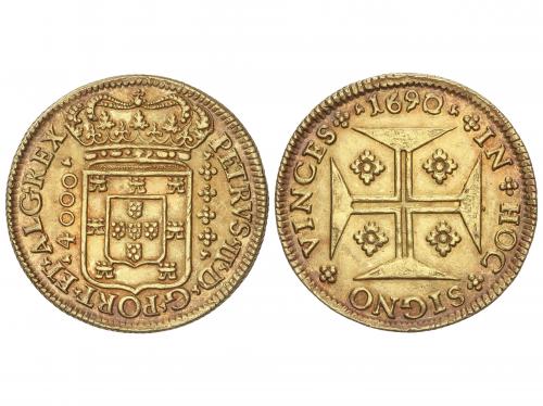 PORTUGAL. 4.000 Reis. 1690. PEDRO II. LISBOA. 10,75 grs. AU.