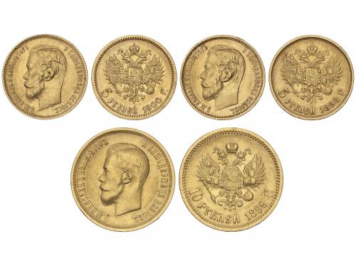 RUSIA. Lote 3 monedas 5 (2) y 10 Roubles. 1898, 1899 y 1900.