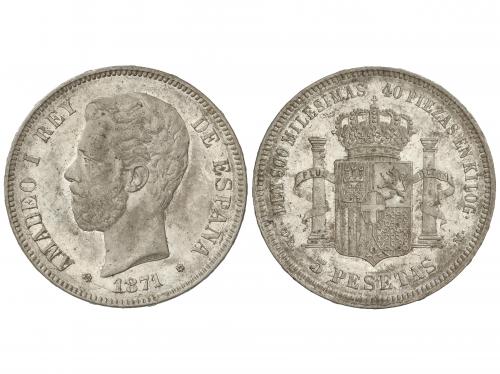 AMADEO I. 5 Pesetas. 1871 (*18-74). D.E.-M. Pátina. EBC-/EBC