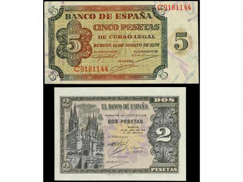 Lote 2 billetes 2 y 5 Pesetas. 1938. 2 Pesetas Abril 1938 Ca