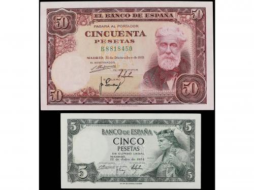 Lote 2 billetes 5 y 50 Pesetas. 1951 y 1954. 50 Pesetas 31 D