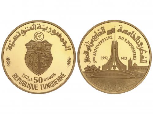 TÚNEZ. 50 Dinars. 1992. 21,00 grs. AU. 5º Aniversario del 7 