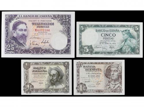 Lote 4 billetes 1 (2), 5 y 25 Pesetas. 1948, 1951 y 1954. Da