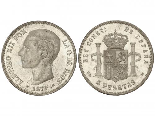 ALFONSO XII. 5 Pesetas. 1877 (*18-77). D.E.-M. (Manchitas).