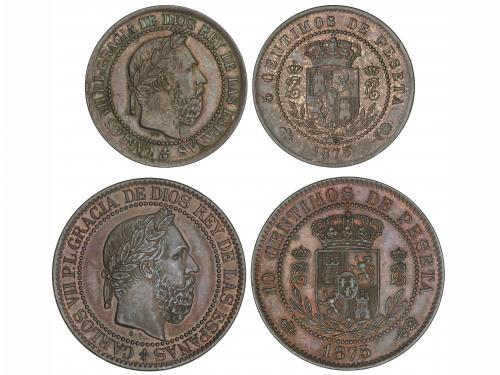 CARLOS VII Pretendiente. Lote 2 monedas 5 y 10 Céntimos. 187