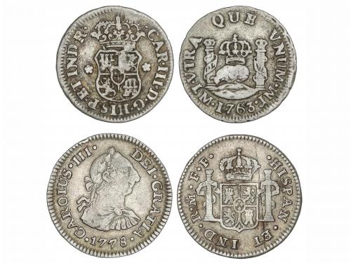 CARLOS III. Lote 2 monedas 1/2 Real. 1763 y 1778. LIMA J.M. 