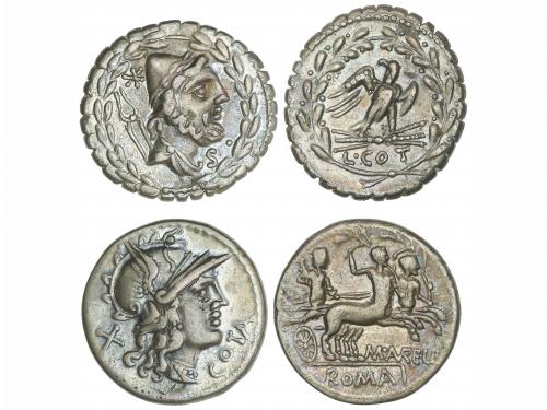 REPÚBLICA ROMANA. Lote 2 monedas Denario. 139 a 105 a.C. AUR