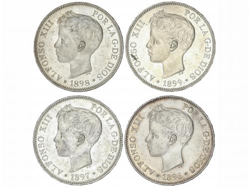 ALFONSO XIII. Lote 4 monedas 5 Pesetas. 1896, 97, 98, 99. A 