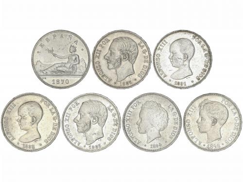 LOTES CENTENARIO. Lote 7 monedas 5 Pesetas. 1870 a 1894. GOB