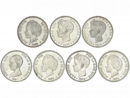 ALFONSO XIII. Lote 7 monedas 5 Pesetas. 1891 a 1899. 1891 (*