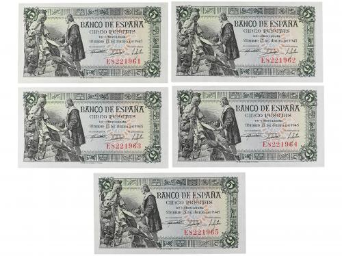ESTADO ESPAÑOL. Lote 5 billetes 5 Pesetas. 15 de Junio 1945.