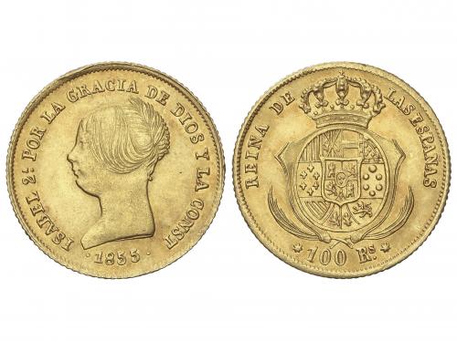 ISABEL II. 100 Reales. 1855. SEVILLA. 8,35 grs. (Ligero golp
