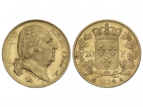 FRANCIA. 20 Francs. 1824-A. LUIS XVIII. 2º Reinado. PARÍS. 6
