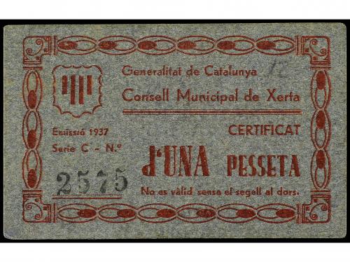 CATALUNYA. 1 Pesseta. 1937. C.M. de XERTA. Cartón. MUY ESCAS