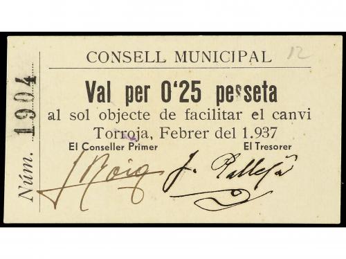 CATALUNYA. 0, 25 Pesseta. Febrer 1937. C.M. de TORROJA. Cart