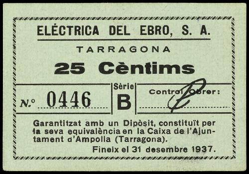 CATALUNYA. 25 Cèntims. Desembre 1937. ELÉCTRICA DEL EBRO S.A