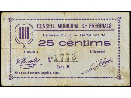CATALUNYA. 25 Cèntims. 1937. C.M. de FREGINALS. (Sucio). MUY