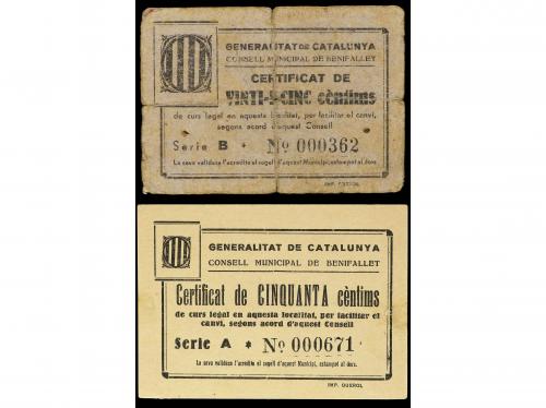 CATALUNYA. Serie 6 billetes 25 (2) y 50 (2) Cèntims y 1 Pess