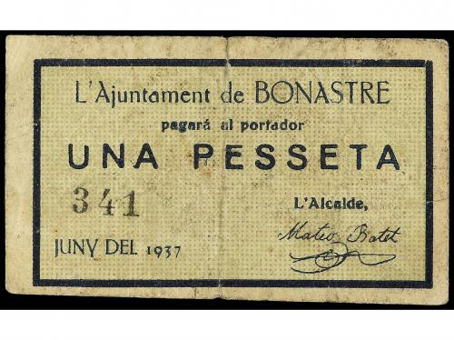 CATALUNYA. 1 Pesseta. Juny 1937. Aj. de BONASTRE. (Restaurac