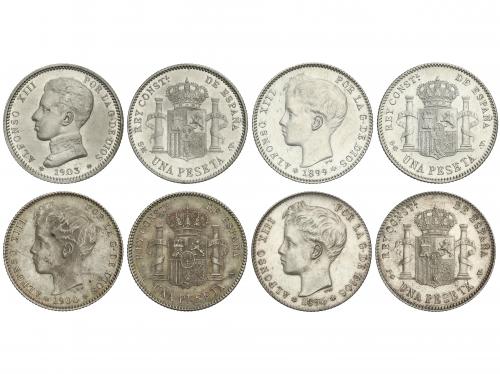 ALFONSO XIII. Lote 4 monedas 1 Peseta. 1896, 1899, 1900 y 19