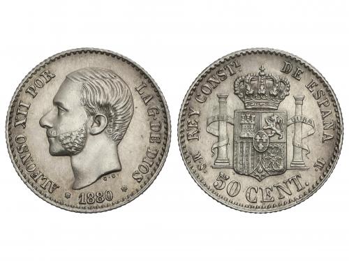 ALFONSO XII. 50 Céntimos. 1880 (*8-0). M.S.-M. Restos de bri