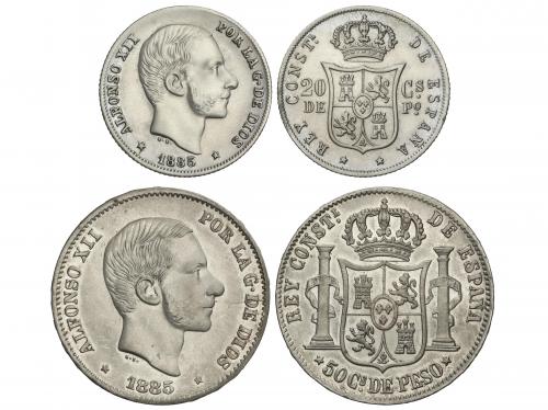 ALFONSO XII. Lote 2 monedas 20 y 50 Centavos de Peso. 1885. 